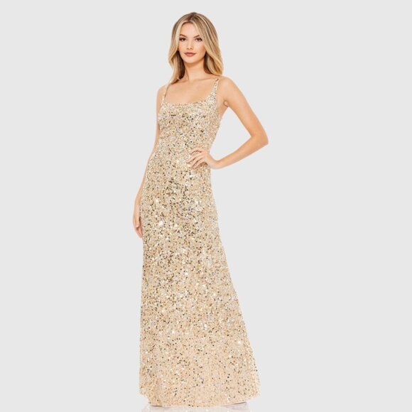 NWT Mac Duggal Sequined Low Back Slip Gown Gold 10 #8474 - Picture 1 of 8